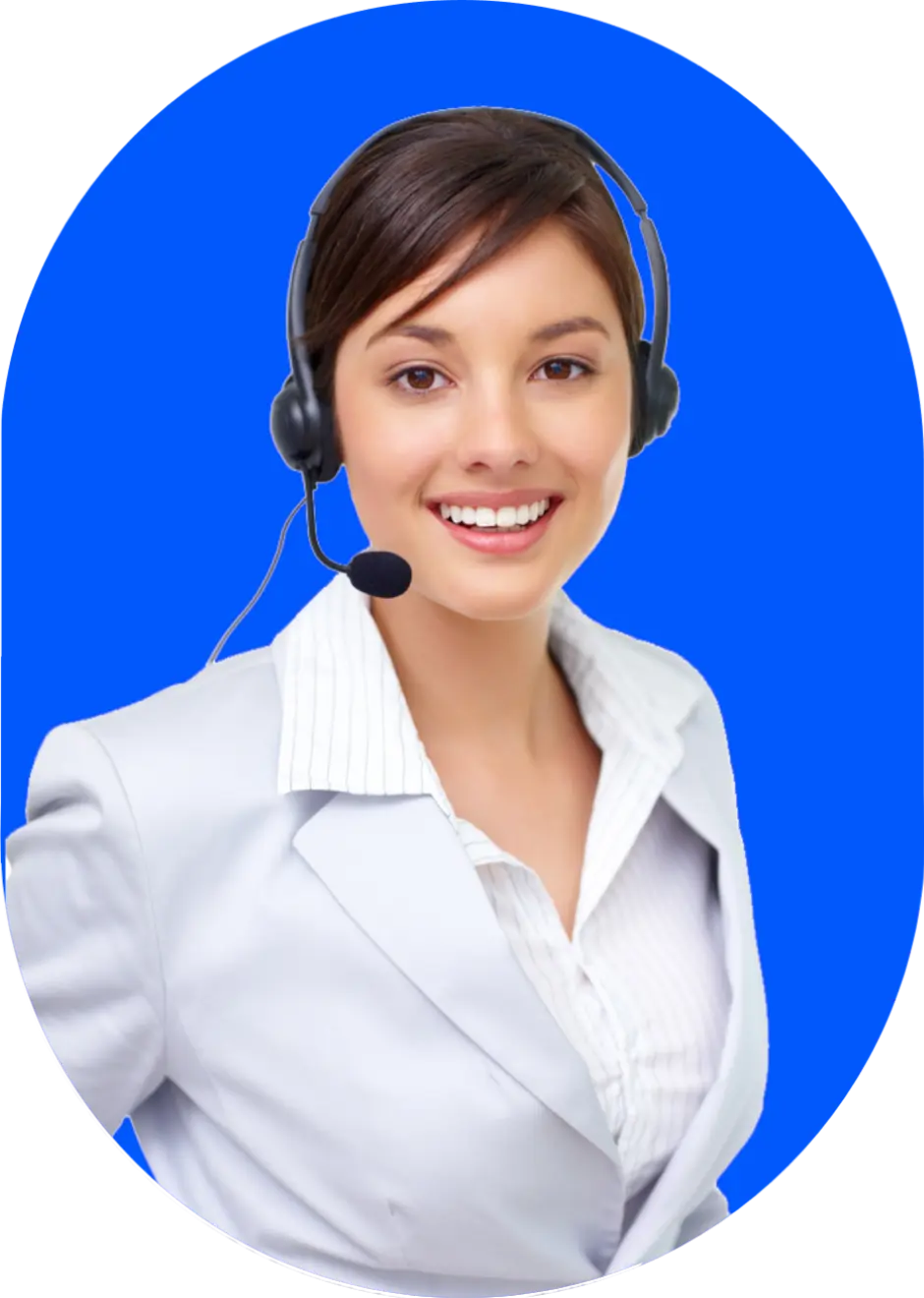 call center woman smiling blue background