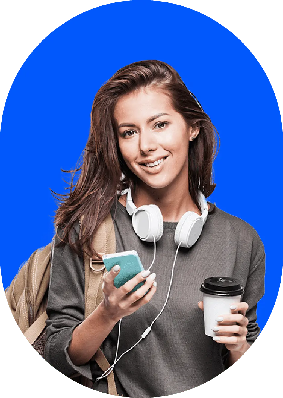girl with phone and coffee young and smiling