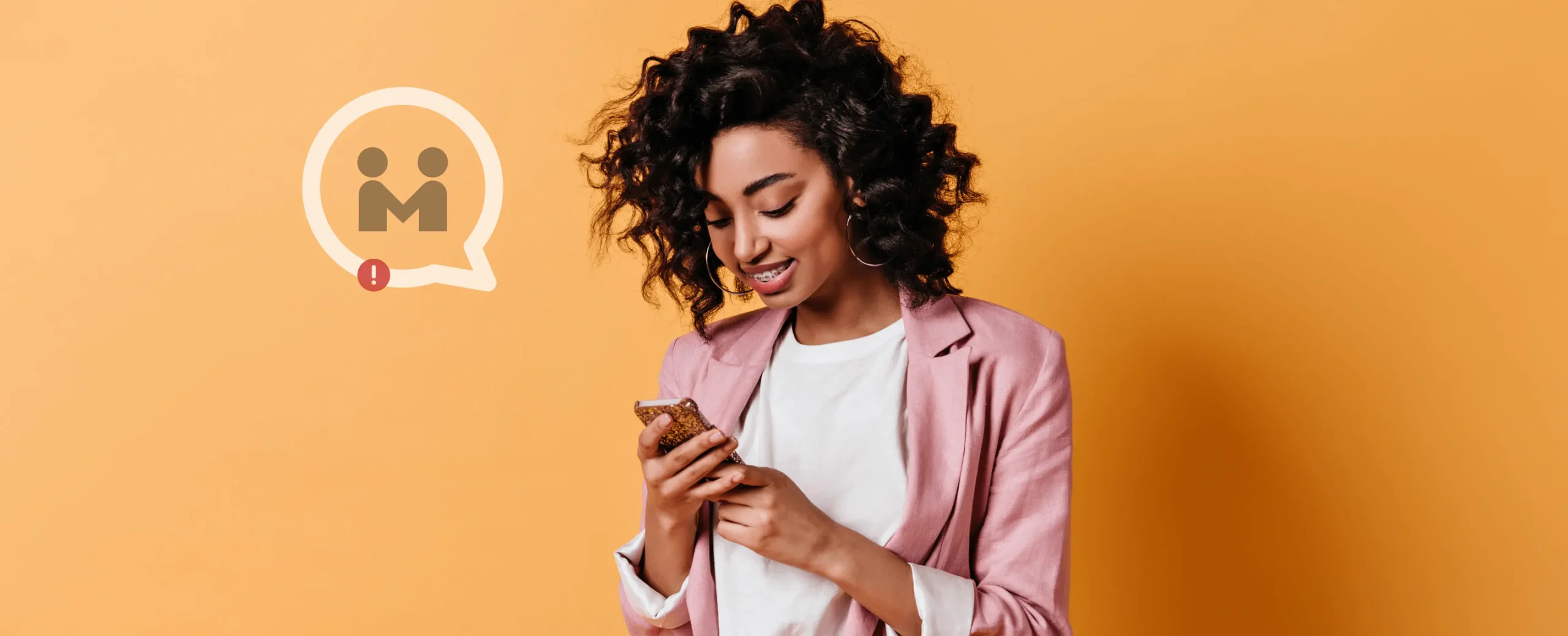 woman on phone chatting orange background icon